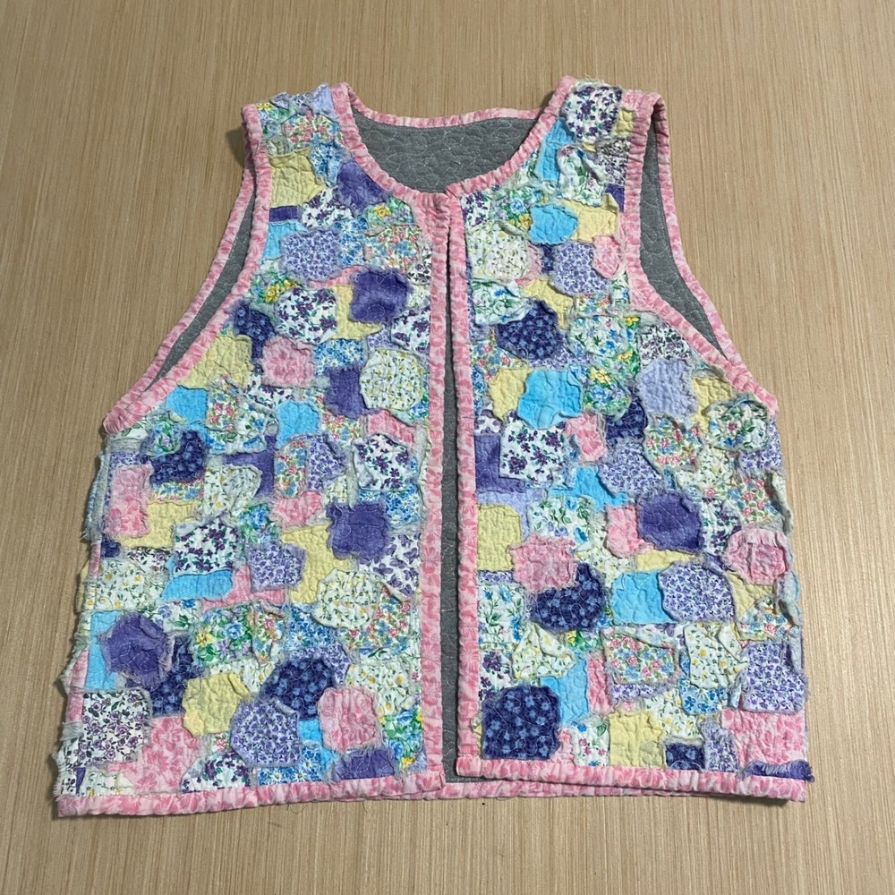 Handmade Quilted Rag Vest Patchwork Floral Pastel Pink Purple Blue Women L